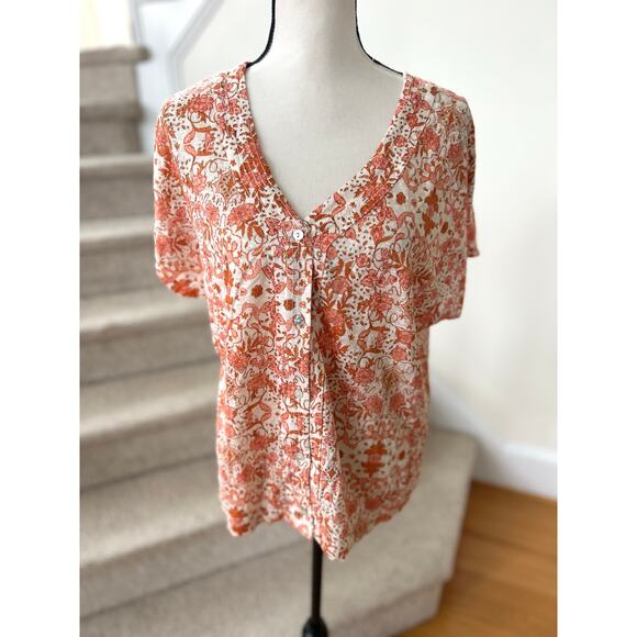 Rachel Zoe Orange Floral Block Print Linen Short Sleeve V-Neck Henley T-Shirt - Picture 1 of 6